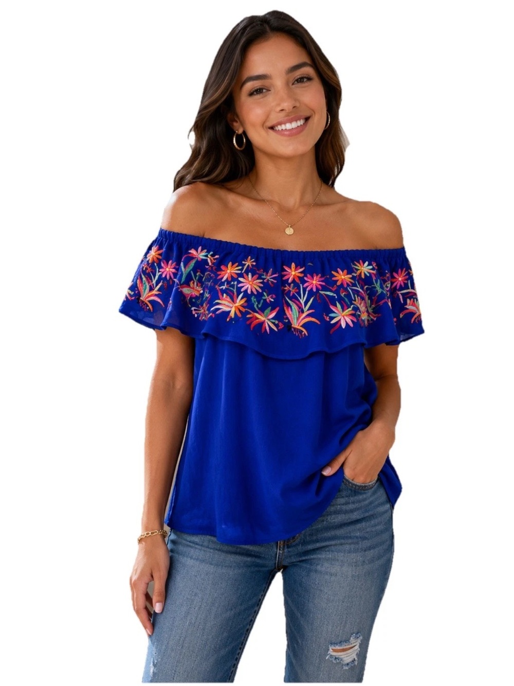 Entro Women’s L Off Shoulder Blouse Tropical Bold Colorful Embroidered Bird Top